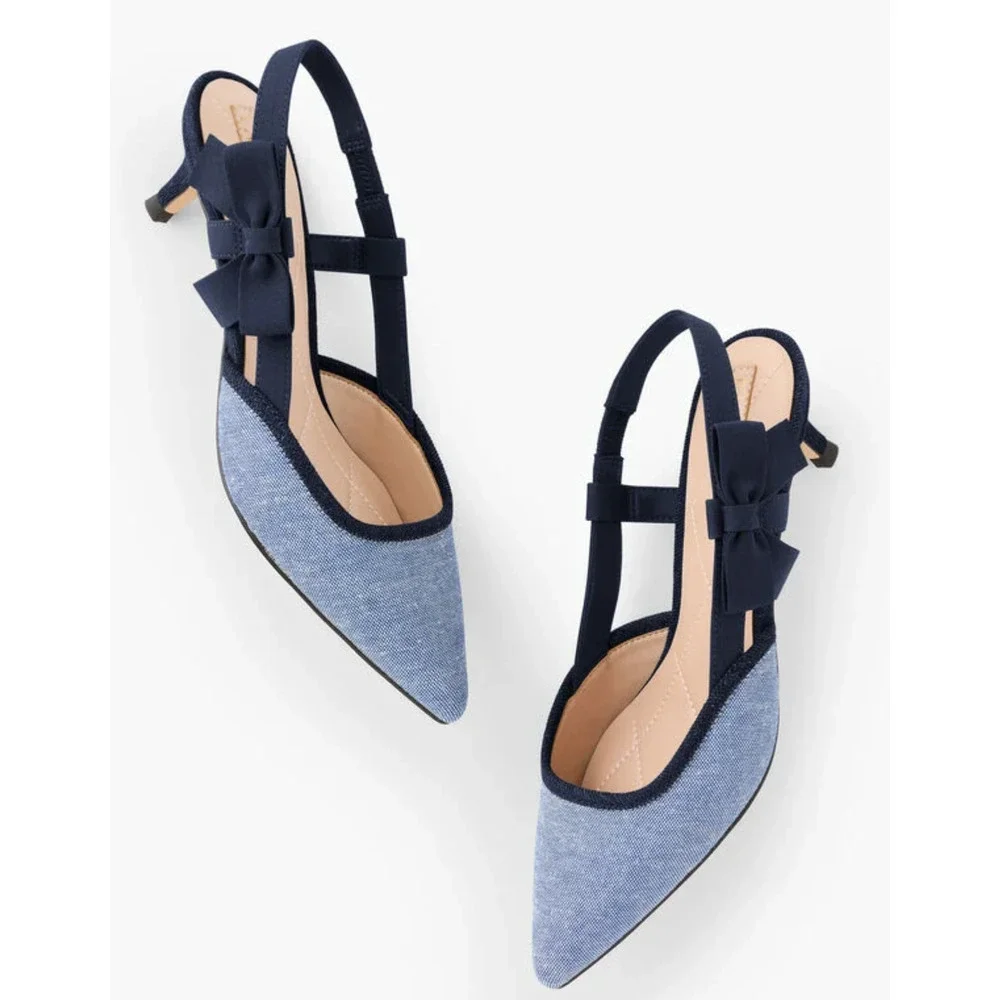 NEW TALBOTS CHAMBRAY DARK DENIM SYLVIE BOW SLINGBACK PUMPS SHOES SZ 6